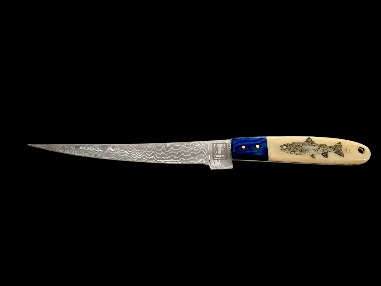 Something's Fishy Branded 
14" Stainless steel Damascus Fillet knife twist pattern 256 layers with full tang, etched Trout Fish on Bone handle with blue wood finish.