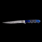 Stainless Steel Damascus fillet knife with blue and black finger grip wood handle